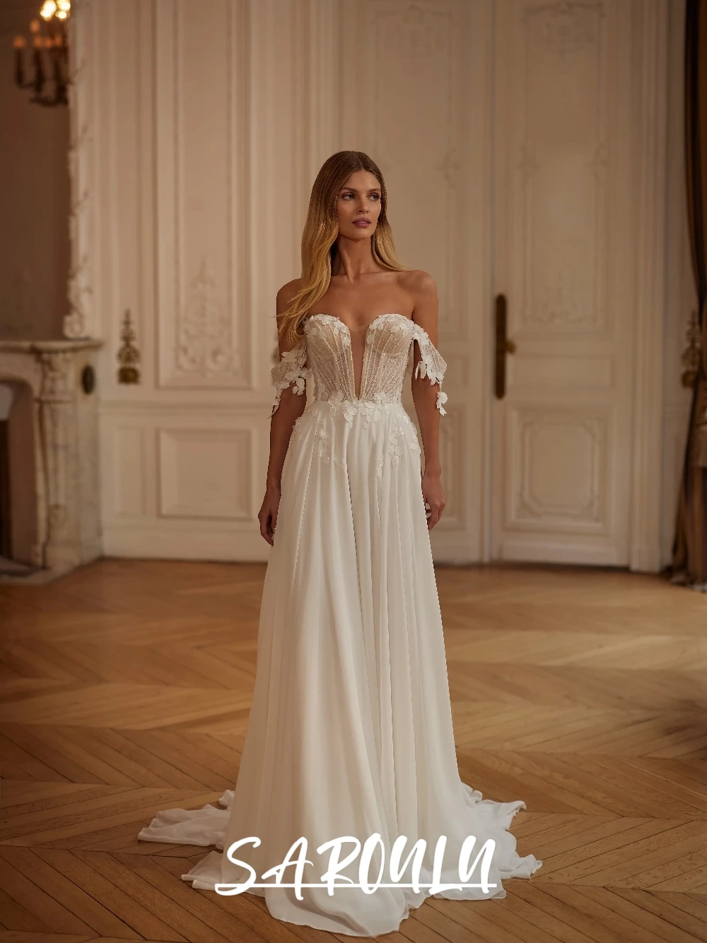 

Floral Flowing Chiffon Beaded Wedding Dress Sweet Off the Shoulder Romantic Bride Wear Zipper Back Simple Bridal Gown