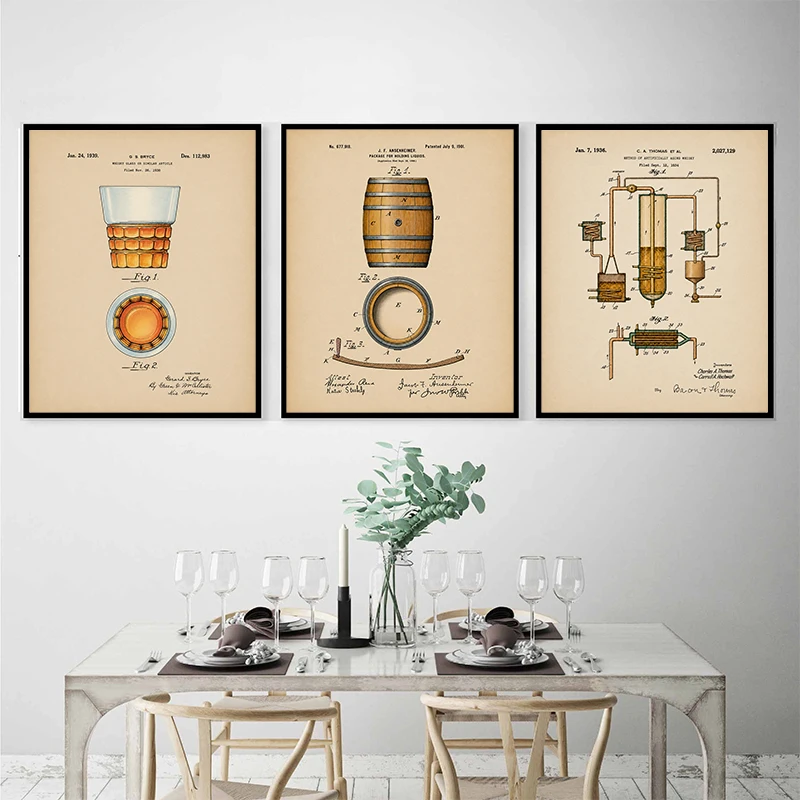 Vintage Whiskey Patent Poster Whisky Glass Barrel Aging Process Wall Art Retro Bar Pub Print Man Cave Kitchen Restaurant Decor