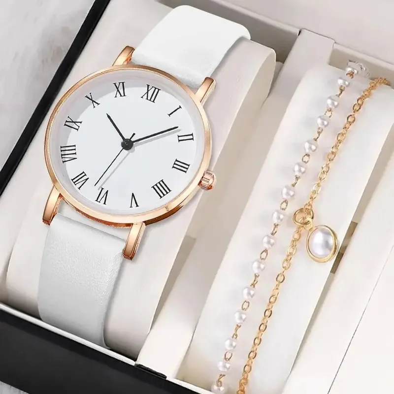 

Ladies New Suit White Fresh All-Match Women's Watch+Niche Aurora Pearl Bracelet