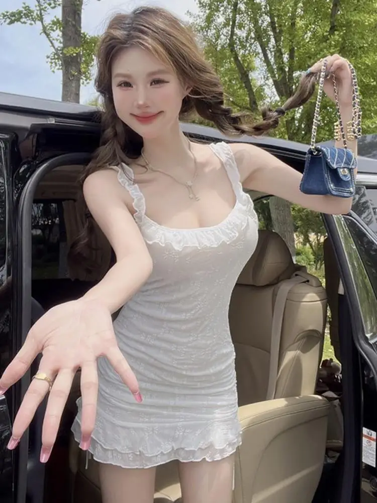 Sweet Lace Trim Square Ne Dstring Strapl Dr Slim Fit Summer Faionable Women's Dr Travel Suitable Casual Dr