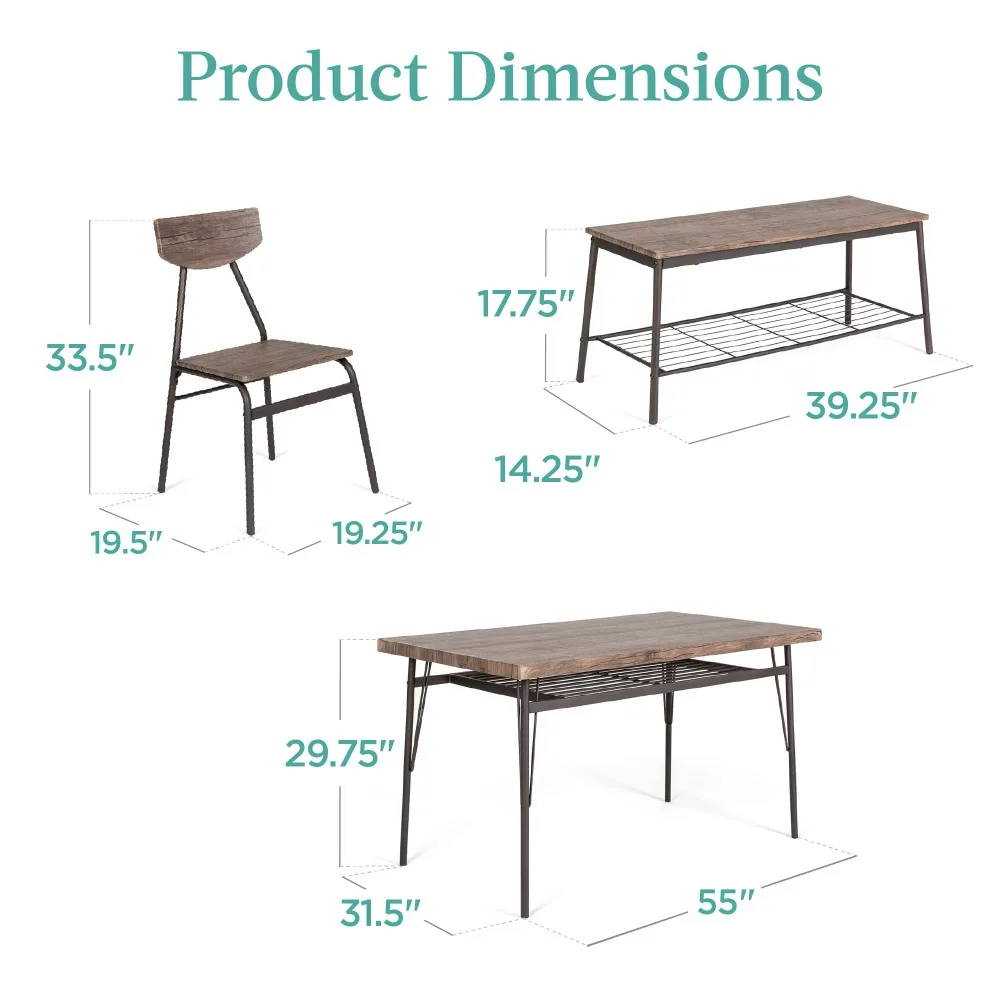 Juego de comedor moderno para el hogar, cocina, comedor con bastidores de almacenamiento, mesa Rectangular, banco, 4 sillas, marco de acero, 55 pulgadas, 6 piezas