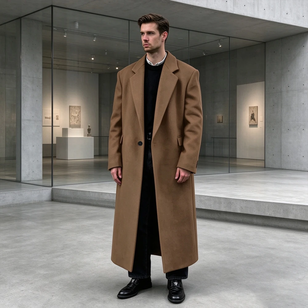 Men's Wool Blend Long Overcoat Lapel Collar Single One Button Maxi Coat Vintage British Style Warm Autumn Winter Outerwear
