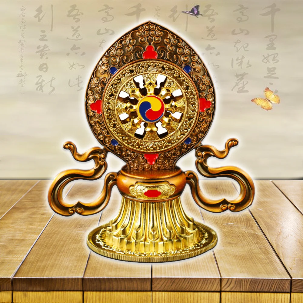 

Alloy style Sanskrit Dharmacakra Ornament, Coffee/Gold Lucky Wheel, Tantric artifacts, Buddhist Golden Wheel Treasure Ornaments
