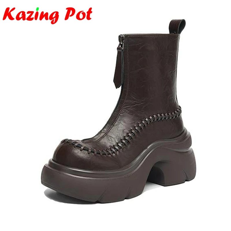 Cow Split Skin Thick Bottom Motorcycle Boots Keep Warm Winter Autumn Front Zipper Flat Platform Leisure Cozy Women Ankle Boots