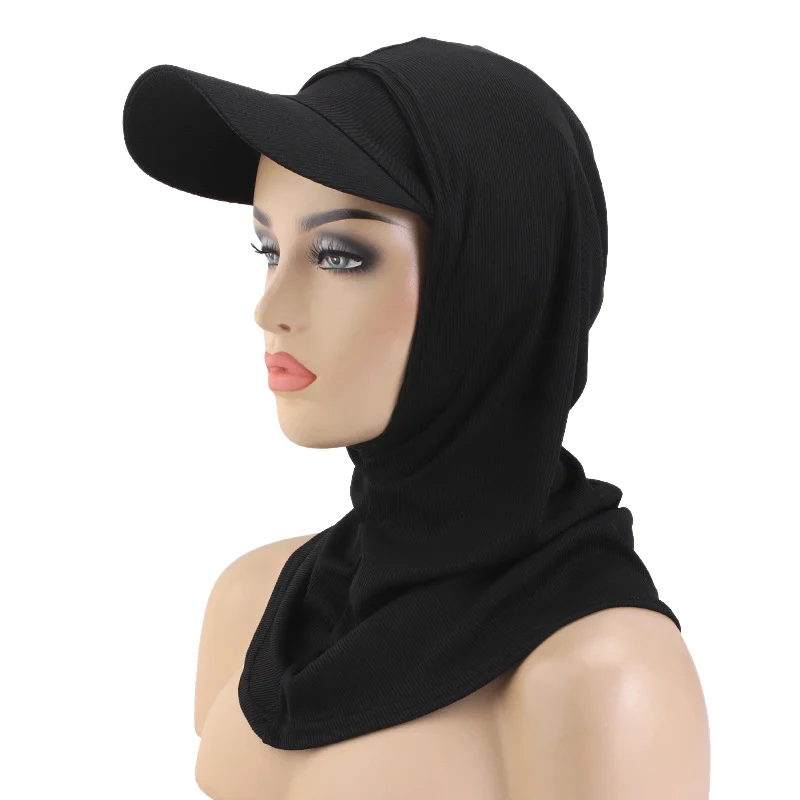 女性用ムスリムヒジャブ2点セット アミラスタイル帽子付きヘッドスカーフ インスタントターバン ヘッドネックカバー アウトドア日よけフード付きラップ 女性用