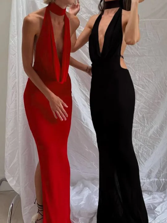 Vestido sexy con escote en V y espalda descubierta con abertura lateral, vestido elegante de satén para fiesta, vestido largo formal, vestido ajustado de cóctel elegante