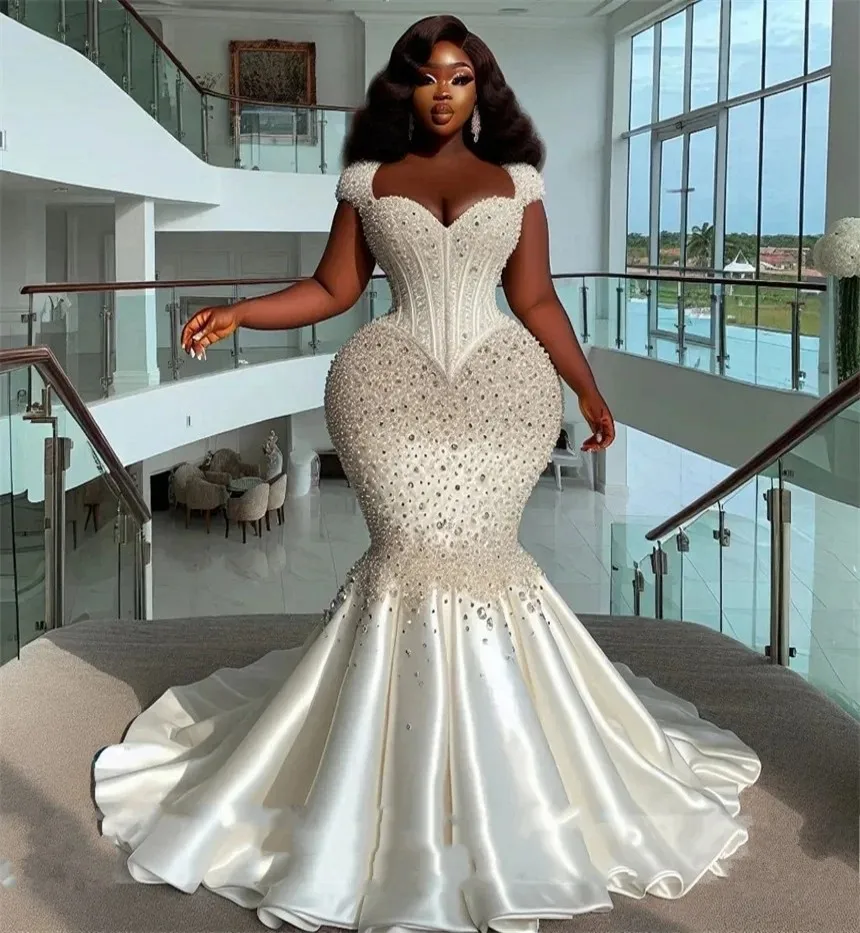 

Luxurious Mermaid Wedding Dresses Sweetheart Crystal Bead Illusion Satin Court Train Formal Bridal Gowns Vestido De Noiva