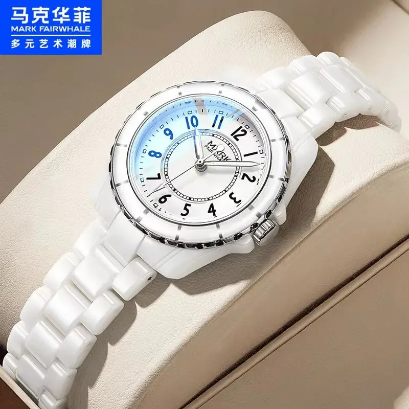 Mark Fairwhale 3790 Ceramic Exquisite Women's Watches Simple Design Night Light Date Party Atmosphere Quartz Watch For Women