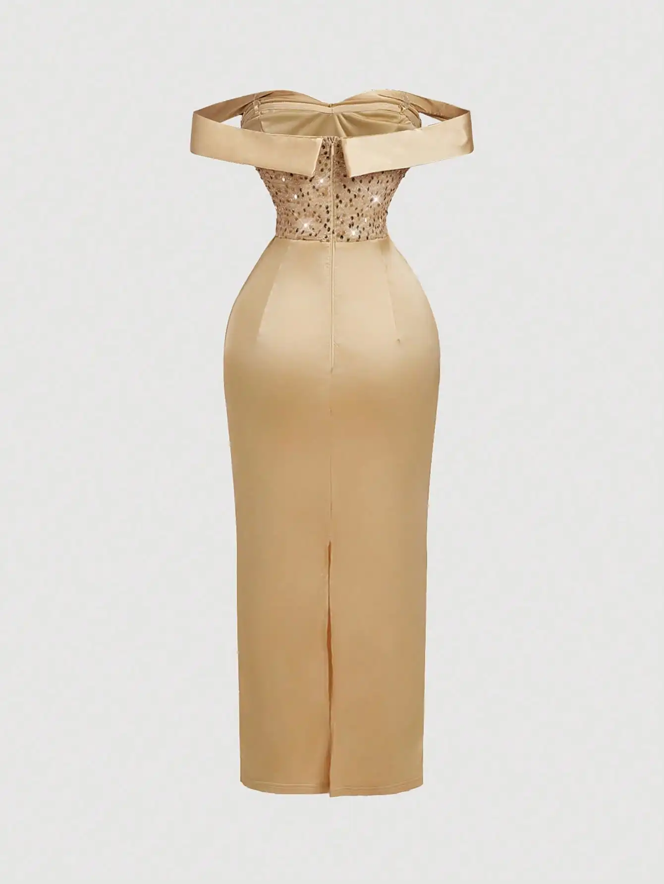 Champagne Sequin Off-Shoulder Ruched Midi Dress - Image 2