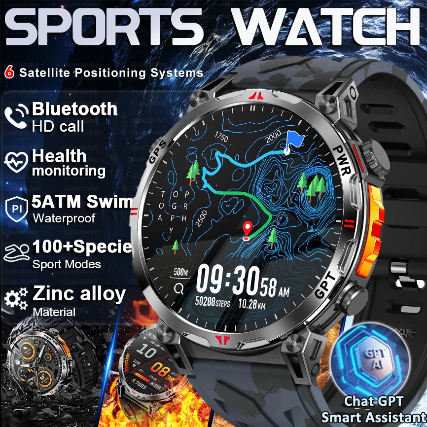 

Новые военные умные часы 2026 года с GPS, аккумулятором 650 мАч, водонепроницаемостью 5ATM, компасом, функцией звонков и отслеживанием спортивных показателей GHATGPT для мужчин