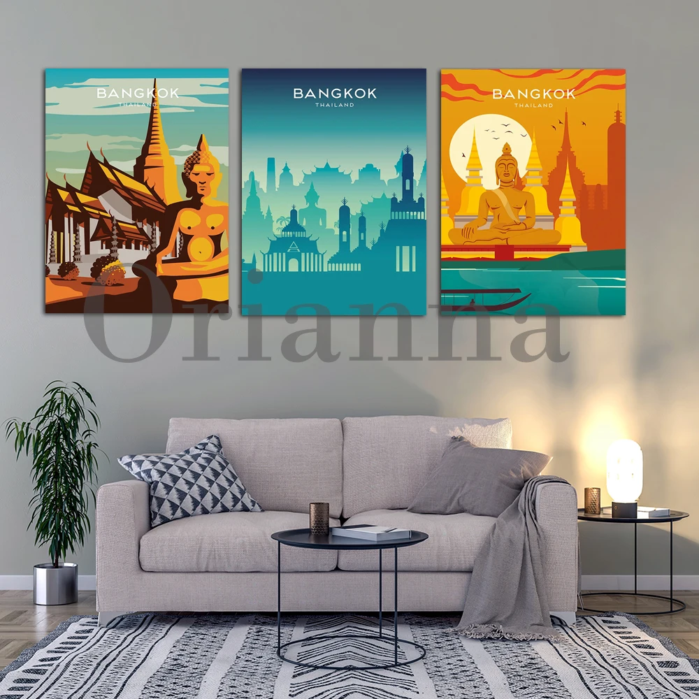 Siam Bangkok  Figure Of Buddha Thailand Man City Skyline Retro Travel Wall Art Canvas Prints Posters Living Room Decor Painting