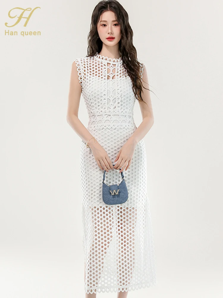 

H Han Queen Summer Lace Mesh Black/ White Long Dress Women Sexy Sleeveless Bodycon Hollow Out Robe Lady Club Party Vestidos