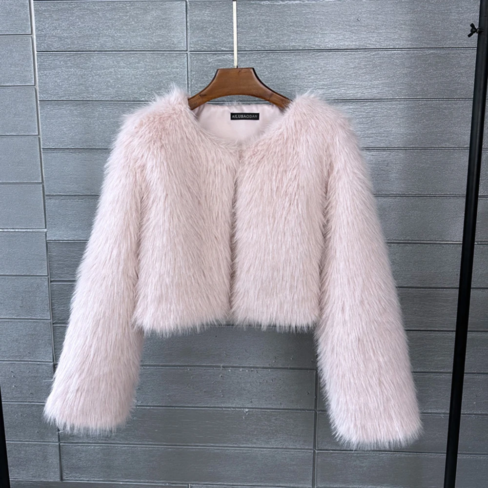 Mantel Bulu Imitasi Putih Jaket Wanita Lembut Berbulu 2025 Wanita Musim Gugur Musim Dingin Pakaian Luar Baru Mantel Pendek Warna Pink Merah Abu-abu Hitam