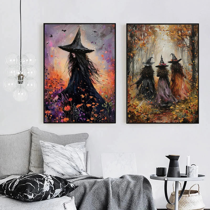 1PC Vintage Young Earth Witch in Autumn Forest Poster Dark Witchy Canvas Painting Halloween Wall Art Living Room Home Decor