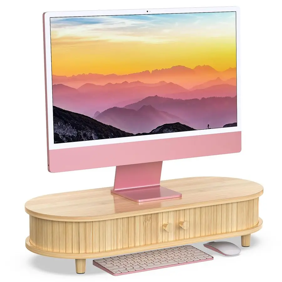 

Подставка для монитора из бамбука с отсеком для хранения, изогнутая подставка для ноутбука, настольный органайзер с раздвижными дверцами, 25 дюймов