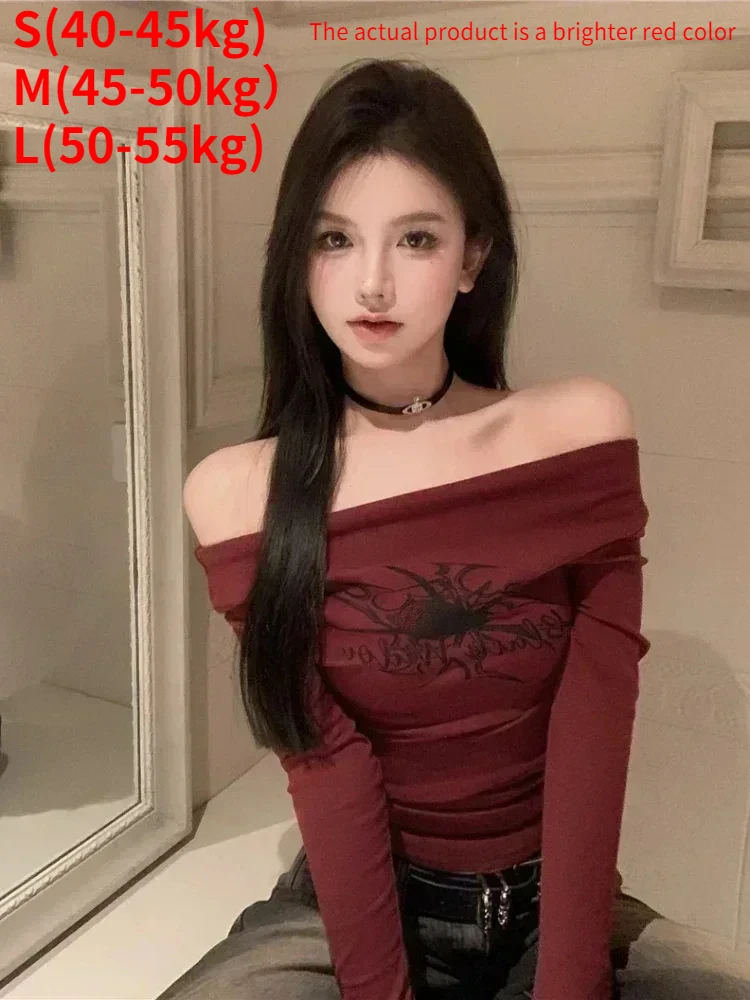 Y2K Emo الكورية Acubi خمر الأحمر المحاصيل الأعلى الجرونج الجمالية طويلة الأكمام قبالة الكتف تي شيرت Harajuku القوطية النساء Gyaru الملابس