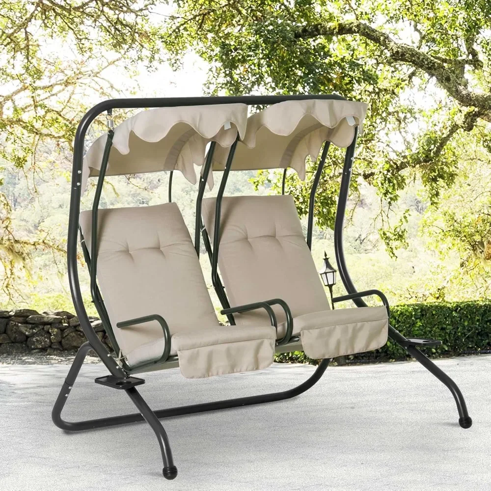 

Patio Swing Chair with 2 Separate Seats, Outdoor Swing Glider with Removable Canopy and Cup Holders, for Porch, Garden, Poolside