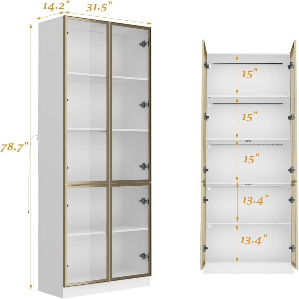 Lights Display Cabinet with 5-Tier Shelves Glass Displays Cabinet 4 Doors Display Cabinets