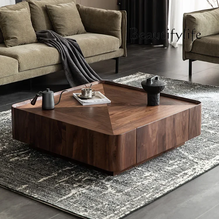 

Medieval style North American black walnut color solid wood coffee table square storage Nordic extremely simple designer