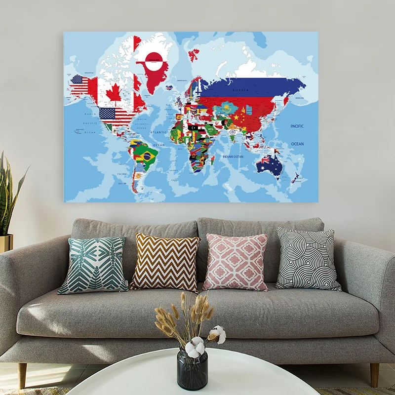 Mapa del mundo de 225x150cm, pintura en lienzo no tejido, imagen creativa, pared, hogar, oficina, suministros escolares, póster decorativo