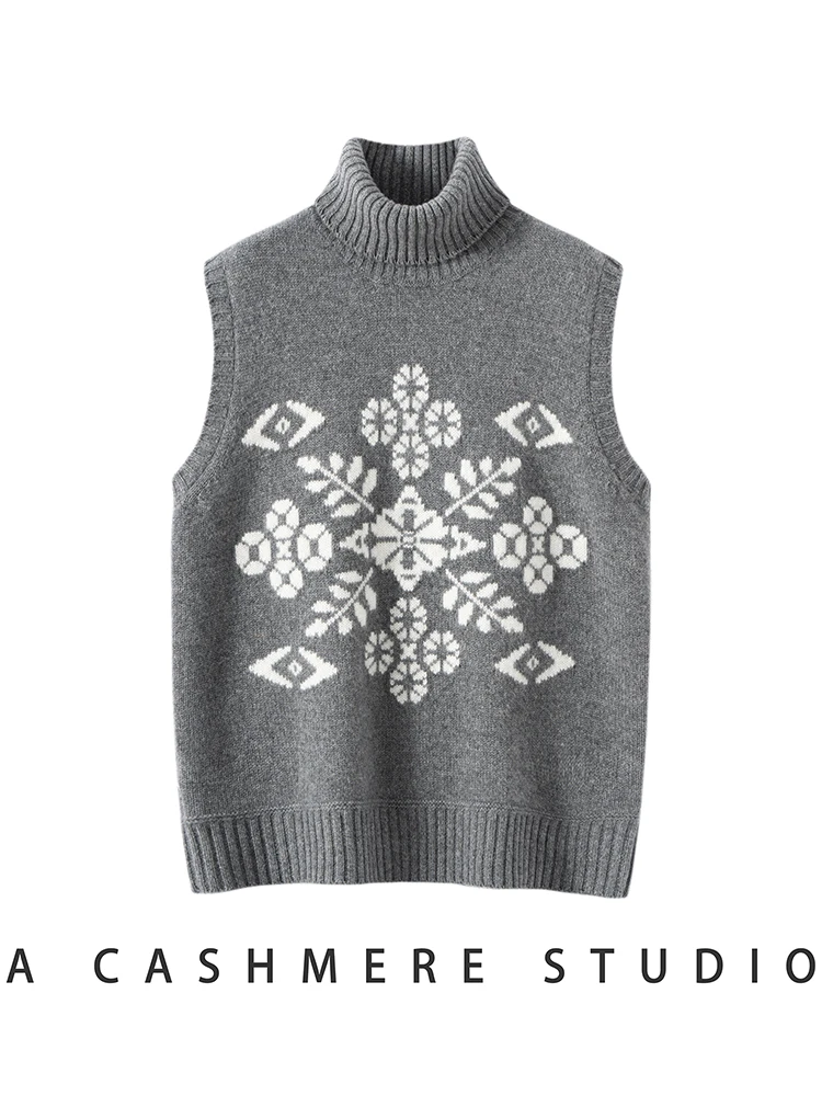 

TLOML Autumn Winter Women's 100% Cashmere Knitted Waistcoat Turtleneck Jacquard Vintage Style Sleeveless Pullover Cashmere Tops