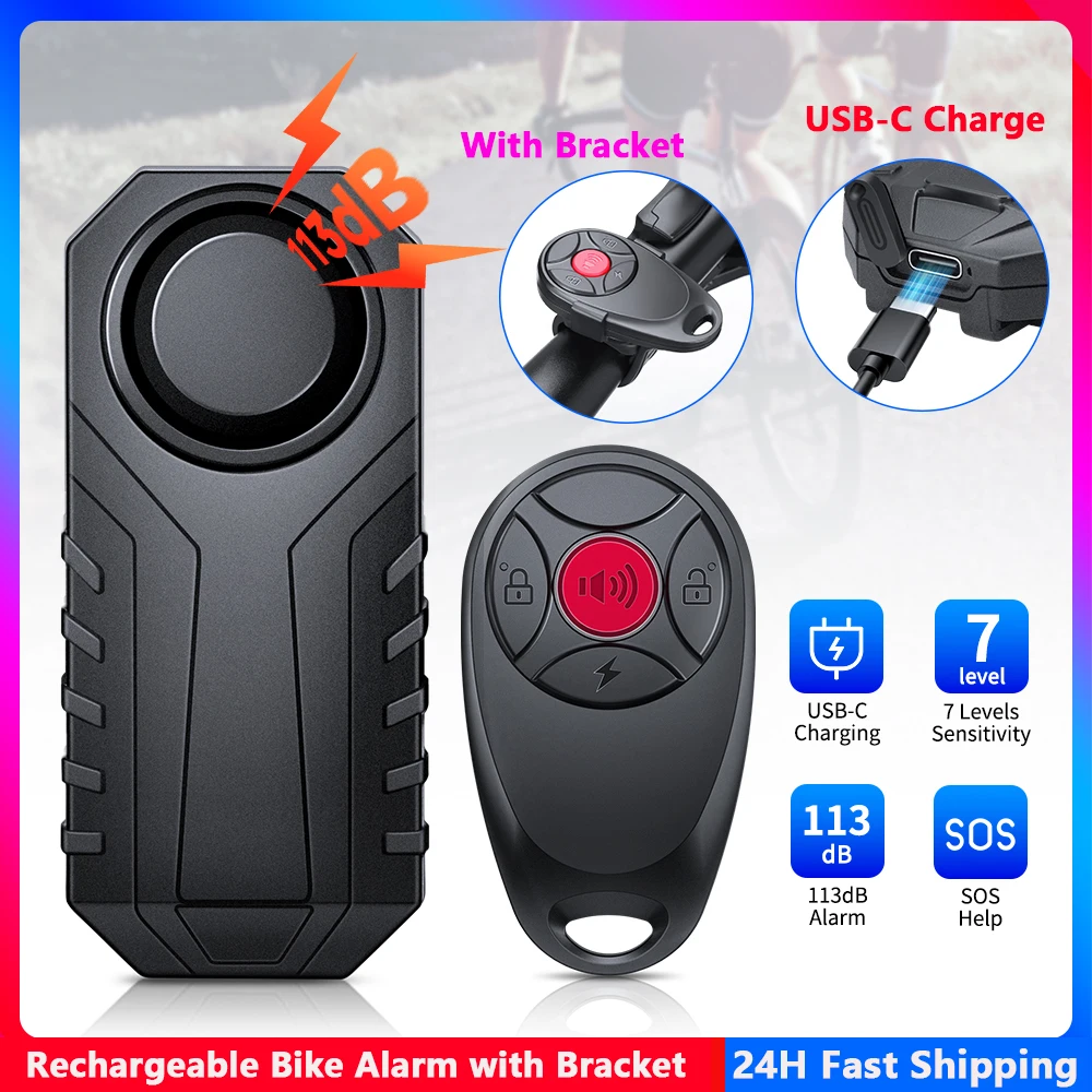 

Hollarm NEW 113dB Bicycle Alarm USB-C Charge Anti Theft Motorcycle Bike Alarm With Bracket Waterproof Wireless Remote Control