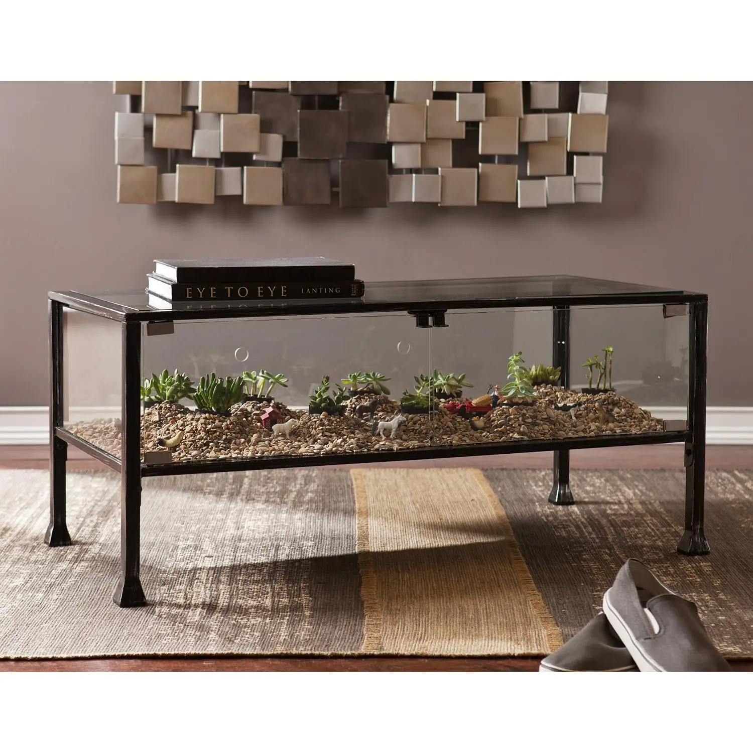 Metal Terrarium Coffee Table Fish Display Cocktail Table Black Silver Distressing, Customized