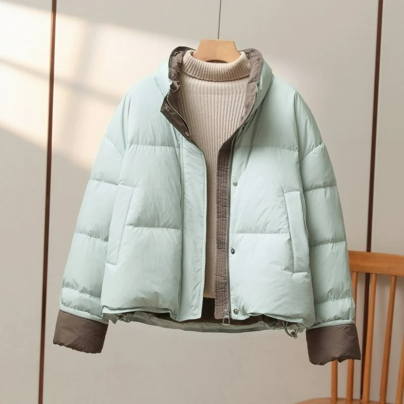 

Contrasting Color Stand-up Collar Zipper Short Cotton-padded Coat for Women 2026 Winter Fashion Korean Loose Thick Warm Jacket