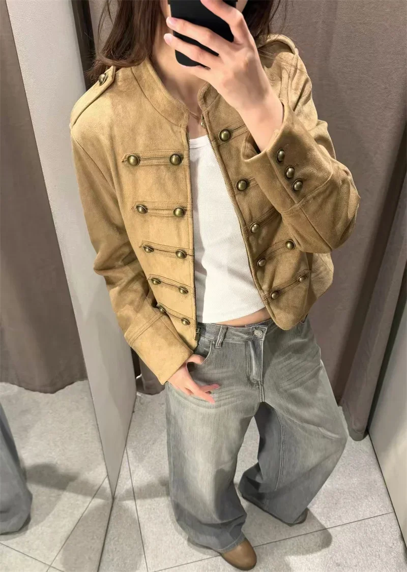 Guobioziy 2026 Women's Jacket Fall New Arrival Camel Long-Sleeve Button-Decorated Napoleon Knight Biker Jacket Stylish Trendy