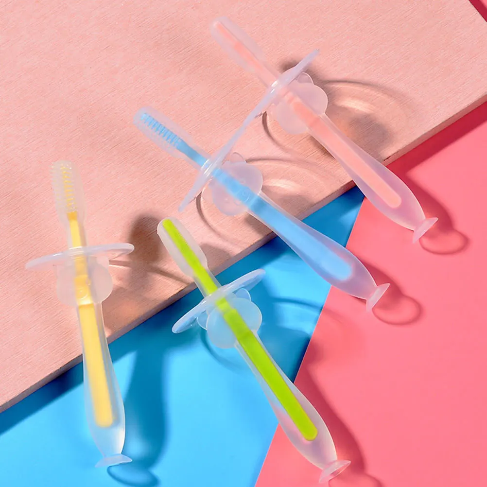 

4pcs Baby Toothbrush Silicone Training Brush For Infant Toddlers Soft Bristles Teething Pad Suction Base Standing Design Safe