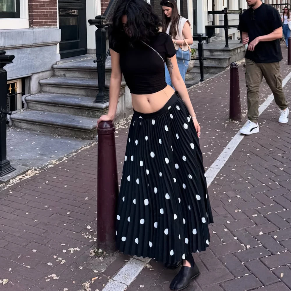 

Tuularose Women Polka Dot Maxi Skirts Fashiona High-Waisted Contrast Lace A-Line Pleated Skirts Retro Elegant Party Women Skirts