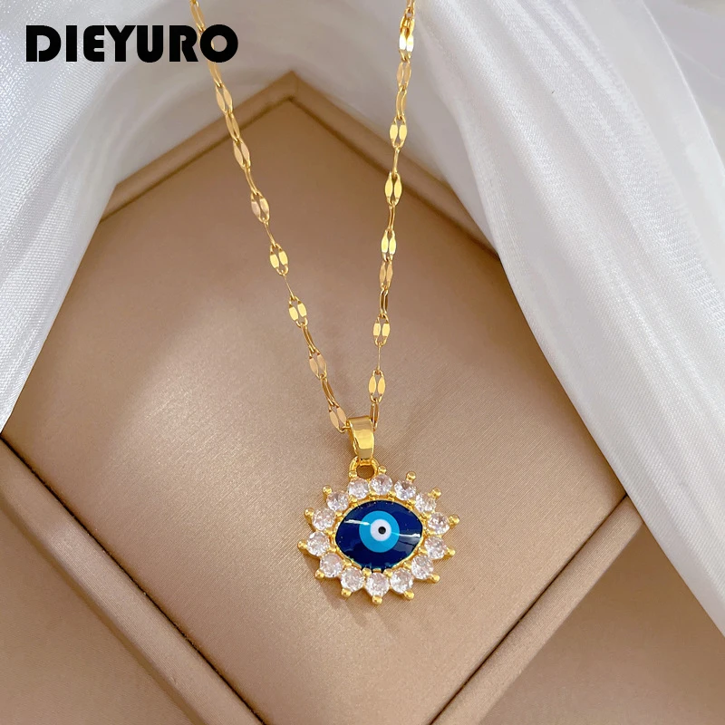 DIEYURO 316L Stainless Steel Blue Vintage Eye Pendant Necklace For Women Girl New Trend Choker Clavicle Chain Jewelry Gift Party