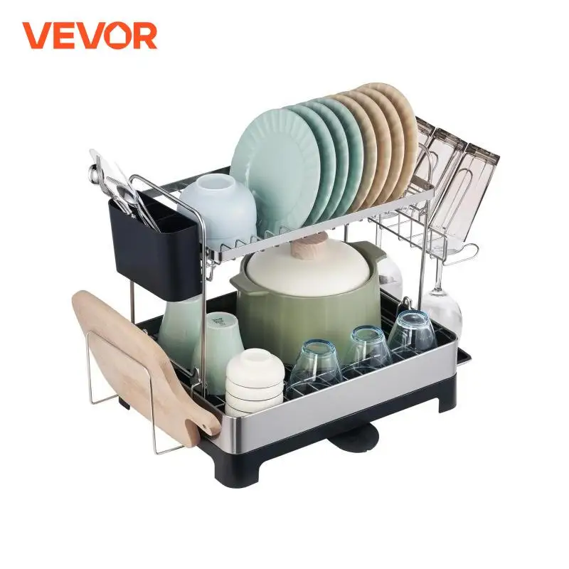 VEVOR Dish Drying Rack 2 Tier Large Capacity Dish Drainers with Drainboard Storage Space Saver Cup Holder for Kitchen Counter