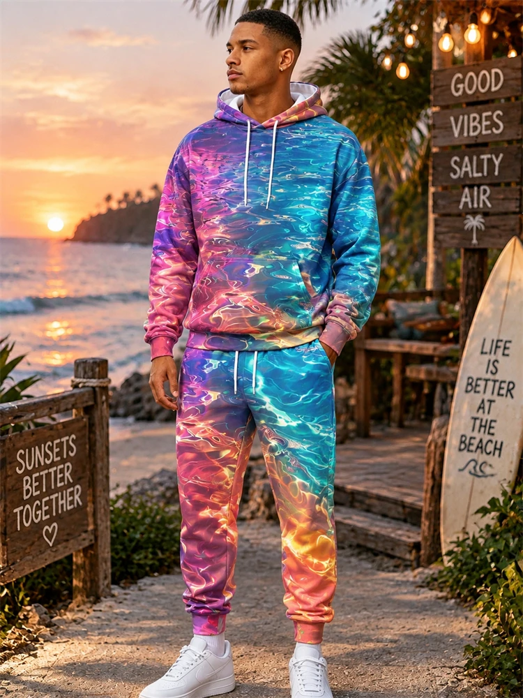 New Fall Men's Hooded Sweatshirt And Pants Set Wavy Print Hoodie Hip-Hop Trendy Set Fashionable Men's Clothing 2-Piece Set