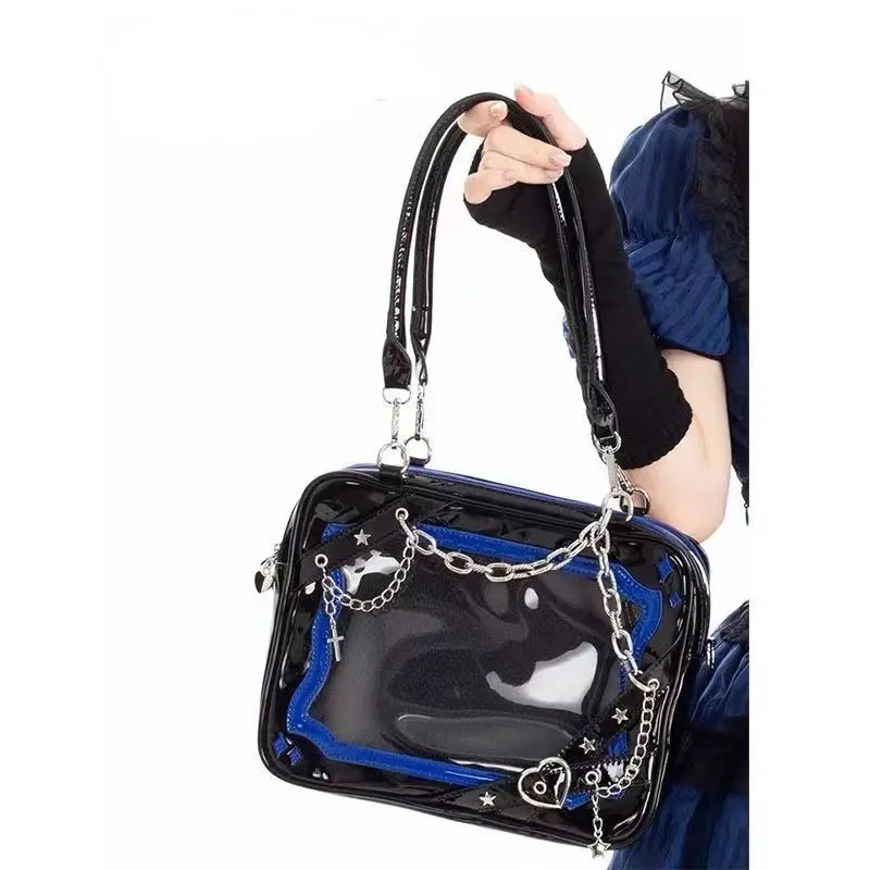 Y2K Chain Love Itabag Square Subculture Spicy Girl Shoulder Bag Small Appetite Pain Bag Chain Strip Gothic Cross Shoulder Bag