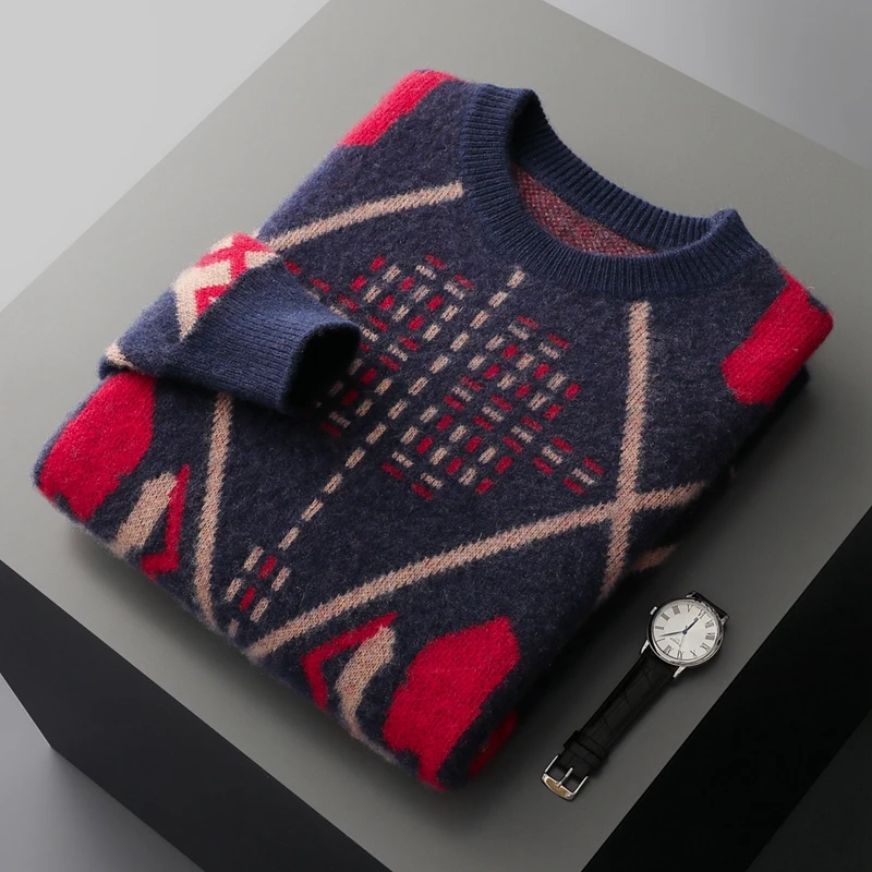 Autumn And Winter New Pure Wool Men's Round Neck Jacquard Sweater Thickened Warm Knit Loose Cashmere Bottoming Shirt