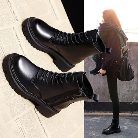 Black PU Leather Ankle Boots Women Autumn Winter Round Toe Lace Up Shoes Woman Fashion Motorcycle Platform Botas