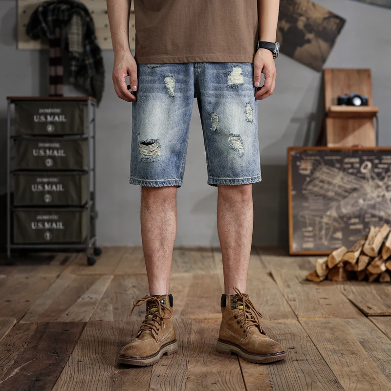 28-48large size shorts men's ripped denim pants loose straight retro trend casual oversize summer pirate shorts