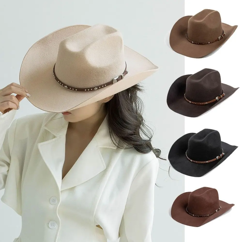 

100% Wool Wool Cowboy Hat Concave Shape Studded Leather Band Western Cowboy Hat Decorative Buckle Curling Brim Unisex Cowboy Hat