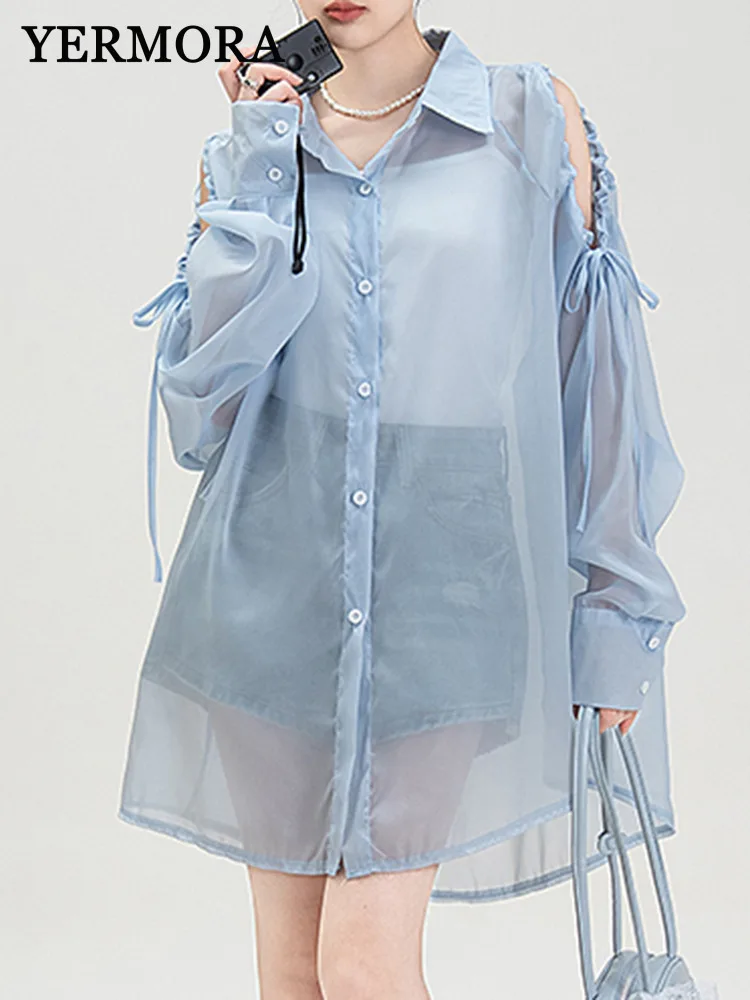 

YERMORA Blue Bare Shoulder Bandage Elegant Blouse For Women Lapel Long Sleeve Loose New Shirt Fashion Tide Spring Summer 2025