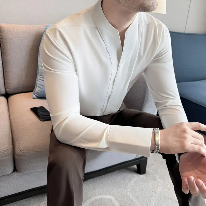 

Fashionable Casual Long Sleeve Shirt Stand Collar V-Neck Men's Spring Autumn Versatile Breathable Moisture Wicking Standard Fit