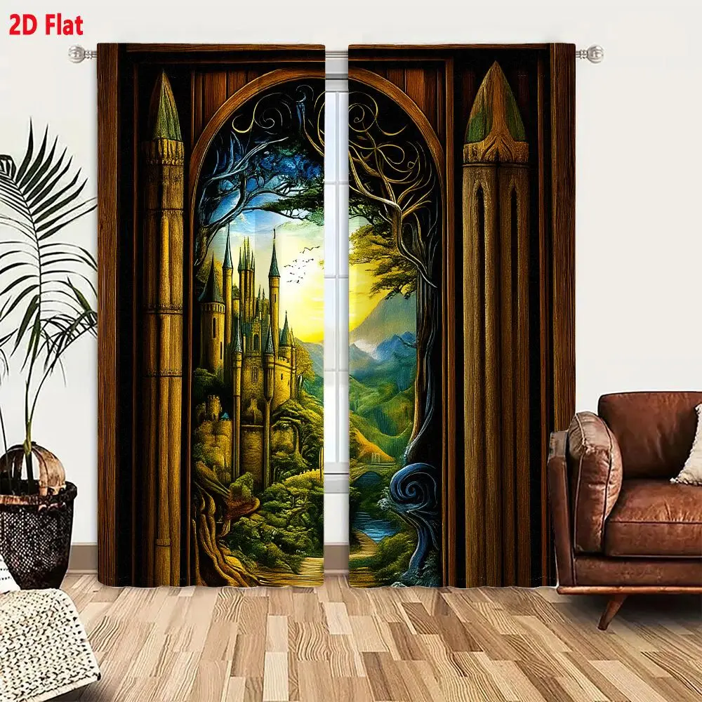 2Pcs Curtains 2D Flat A Magical Castle On A Hill With An Ornate Wooden Archway And Lush Greenery Window Drapes for Bedroom Room