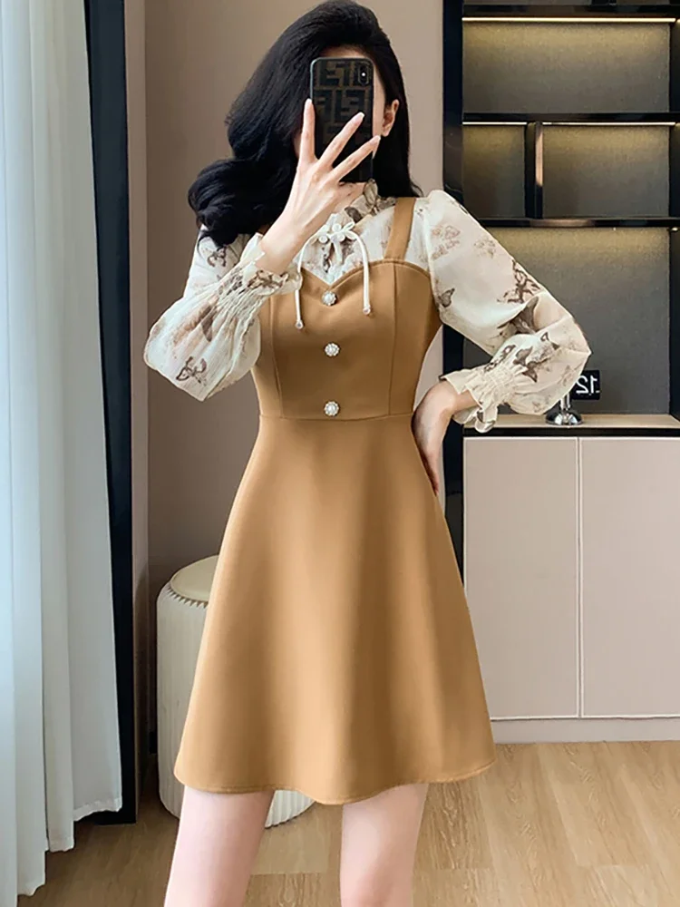 

2025 Fashion Patchwork Floral Fake Two Piece Mini Dress Autumn Winter Long Sleeve Bow Collar Y2k Dress Women Elegant Party Dress