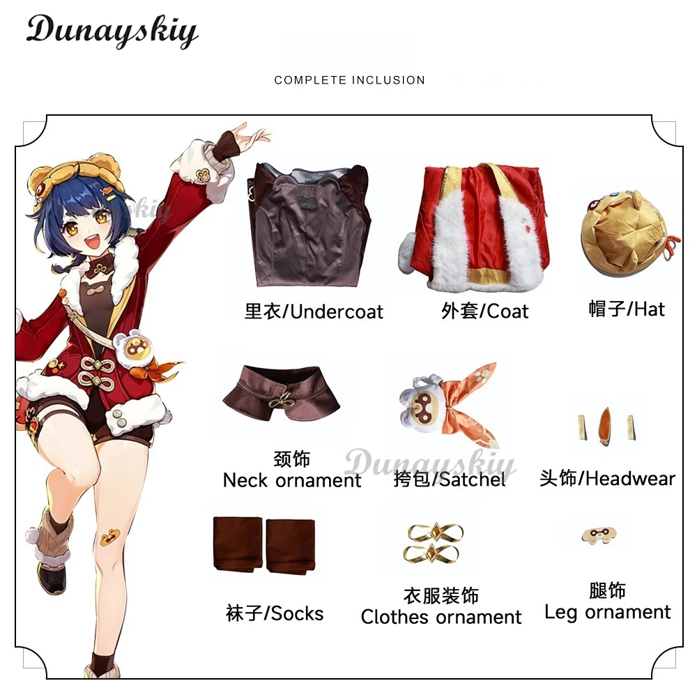 Genshin Impact Xiangling Cosplay Costume Wig Red Uniform Suit Hat Hairpins Bag Prop Accessories Halloween Party Customized view 2