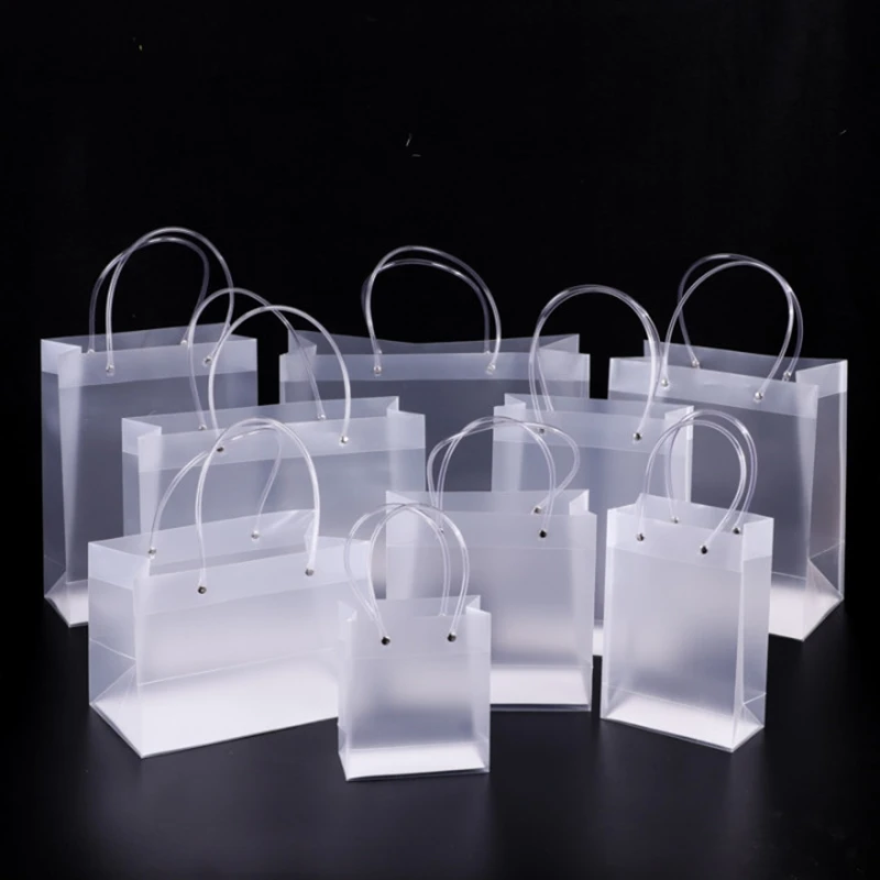 10/30pcs Custom PVC Transparent Gift Bag with Handles Clear Tote PP Frosted Plastic Shopping Tote Bag Clothing Drinks Packaging