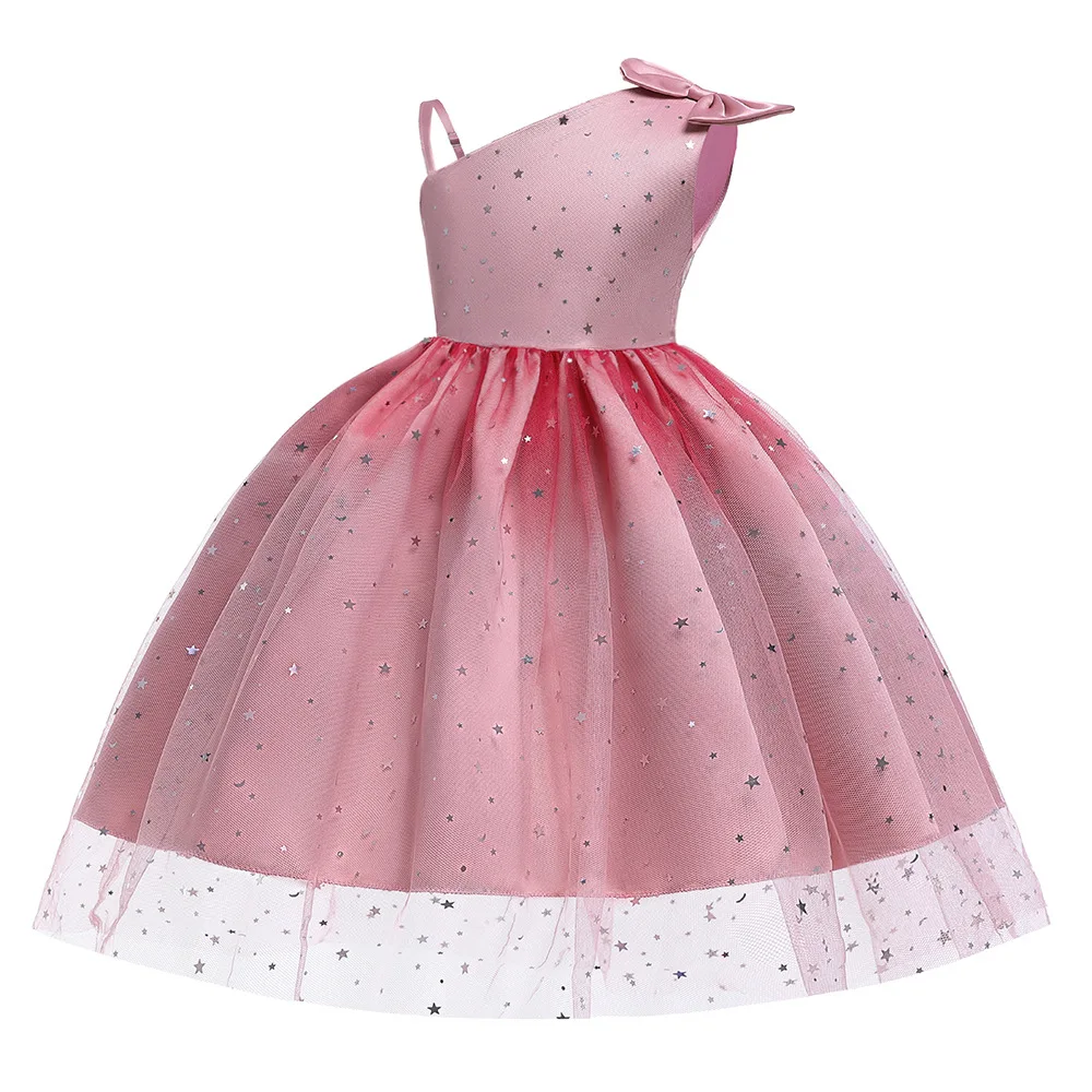 Fluffy Star Sequin Slant Shoulder Girls Dress Elegant Princess Party Wedding Bridesmaid Gown Birthday Girl Clothes Summer Dresse