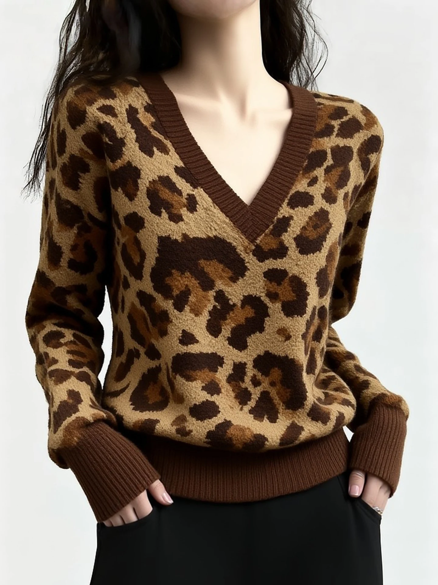 Color Block Leopard Print Knitted Long Sleeve Comfortable Base Layer Shirt Soft And Cozy Korean Style Commute Fashion Women's...