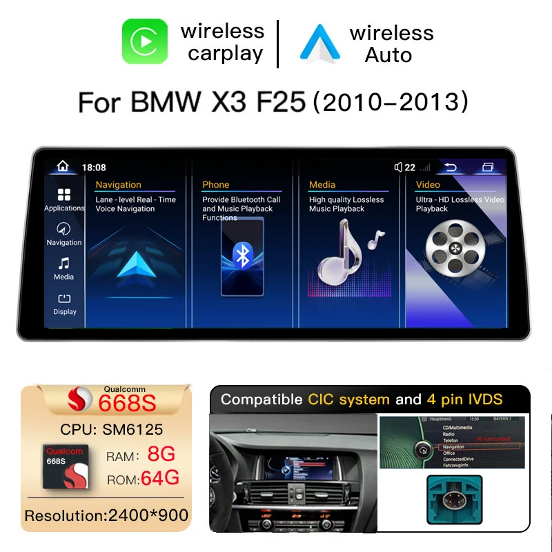 Draadloze Carplay Autoradio Android 14 voor BMW X3 F25 voor BMW X4 F26 2010-2013 Multimedia Audio Stereo Scherm GPS Navigatie 2400*900 Hoge Resolutie Head unit F25 Carplay Snapdragon 665 8 Core