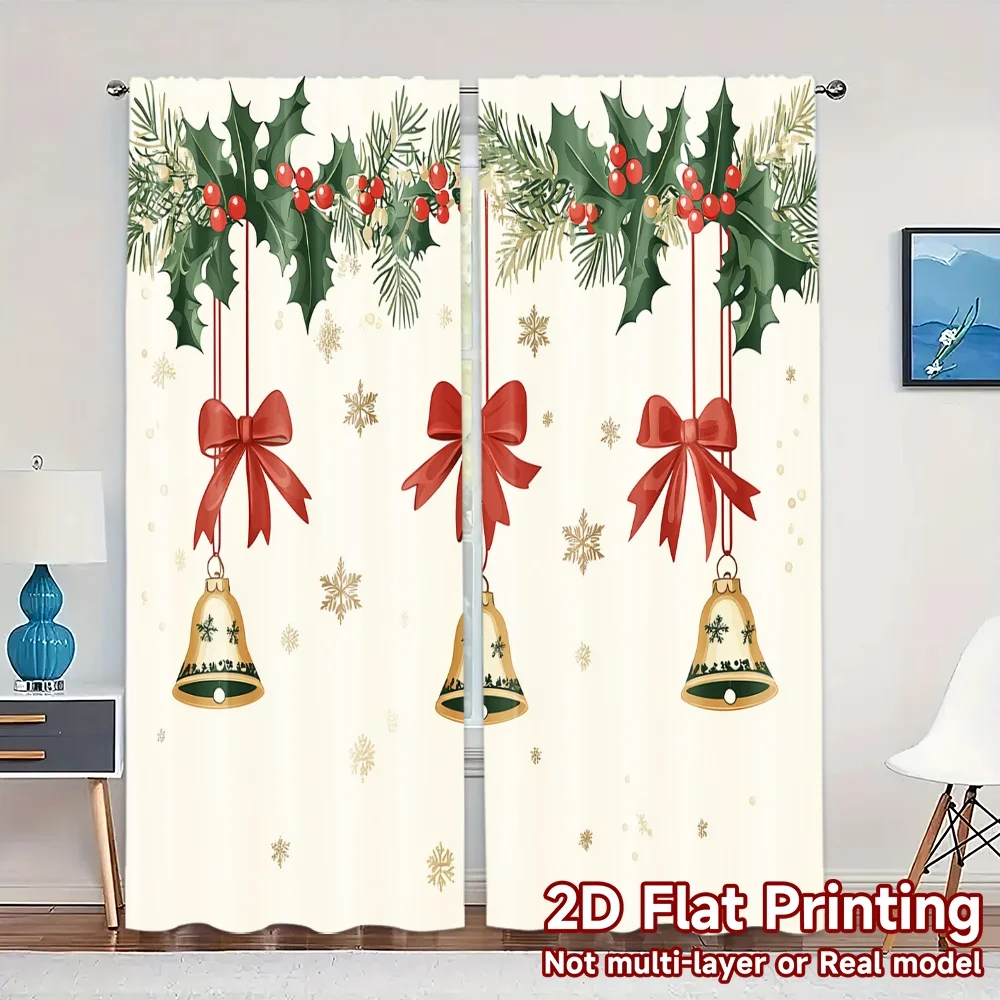 2pcs,Curtains Christmas Bells Holly Berries (3) Chic Curtains&Drapes Semi-Sheer Curtains Decorations Outdoor Ldeal for Bedroom,