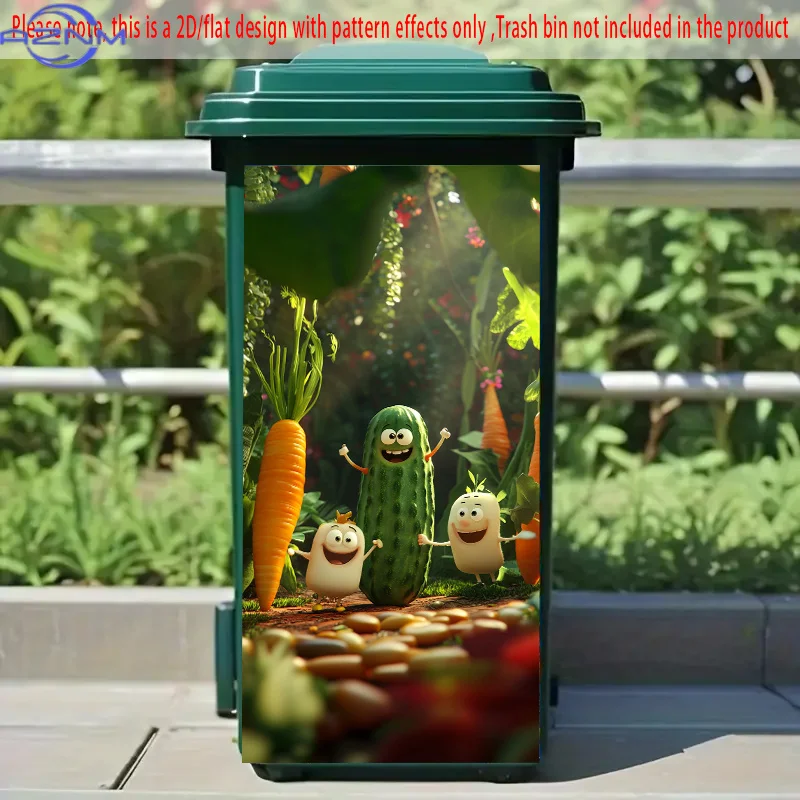 1pc Self-Adhesive Dustbin Stickers x  - Animated Carrots, Cucumber & Veggies in Lush Garden Design, PVC Decorative Art for Tra